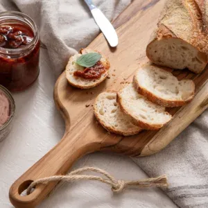 Tabla de madera de teca para presentación de alimentos