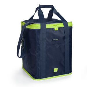 Bolsa isotérmica Ibili Hella de 30 litros en color azul, con asas y cremallera visible, sobre un fondo neutro.